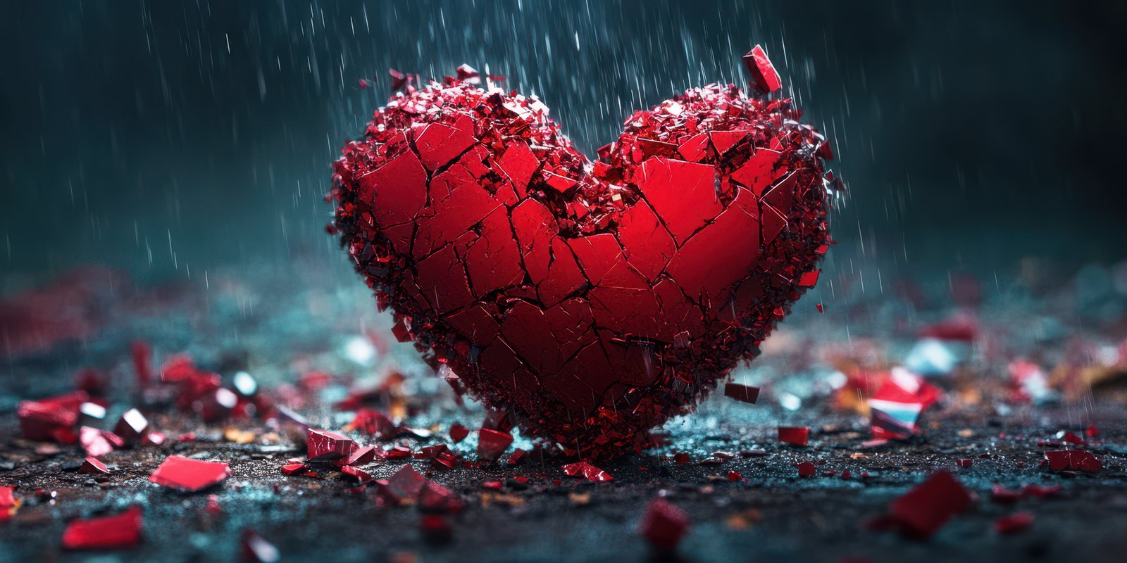 Broken heart sculpture surrounded by shards and rain in a darkened setting